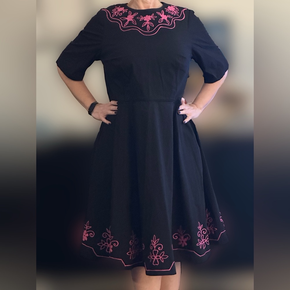 eShakti Black dress with pink embroidered flowers 2X 20W